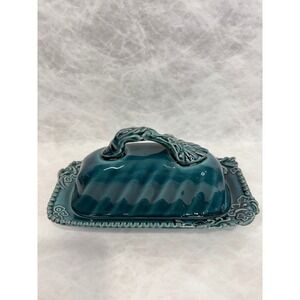 Anthropologie Teal Ceramic Butter Dish with Lid Floral Scrollwork Detail
